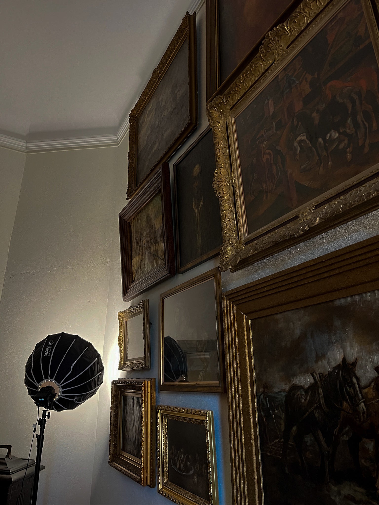 White wall with various historic framed paintings in a library room and a softbox in the back.