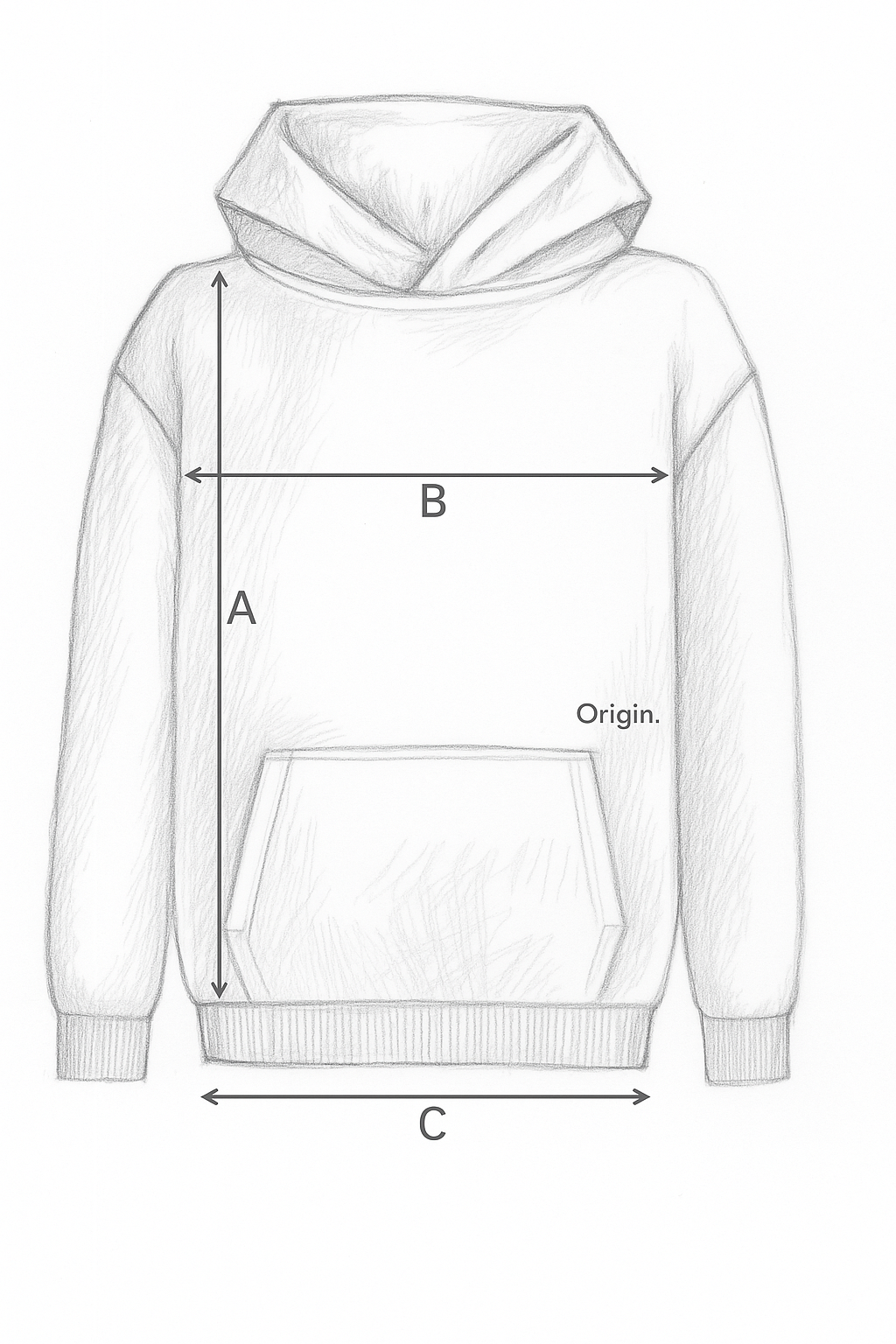 Organic cotton hooded sweater size guide by Origin. with measurements for length, chest and hem.