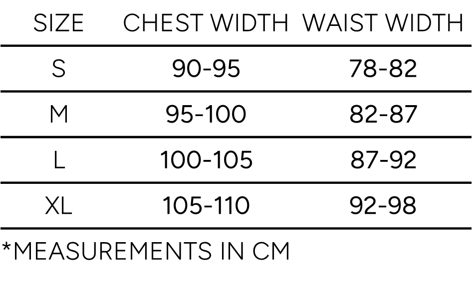 Size guide by Origin. with measurements for length, chest and hem.