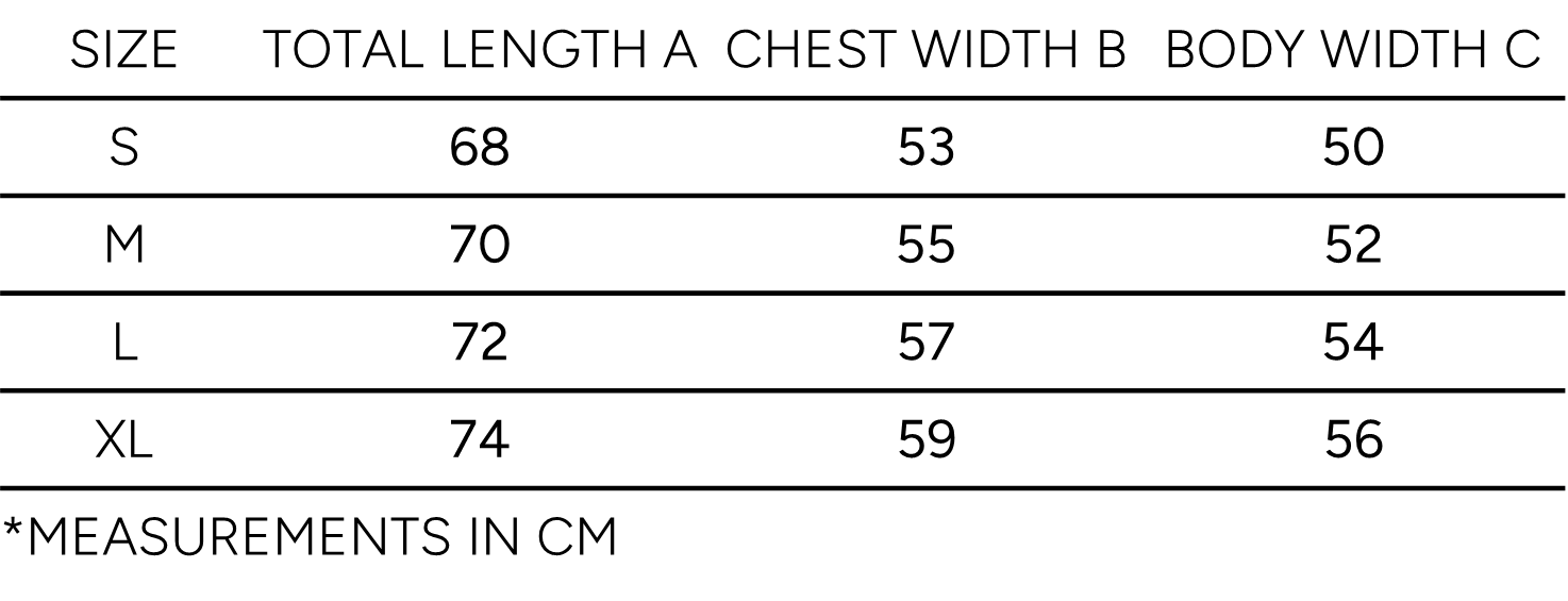 Size guide by Origin. with measurements for length, chest and hem.