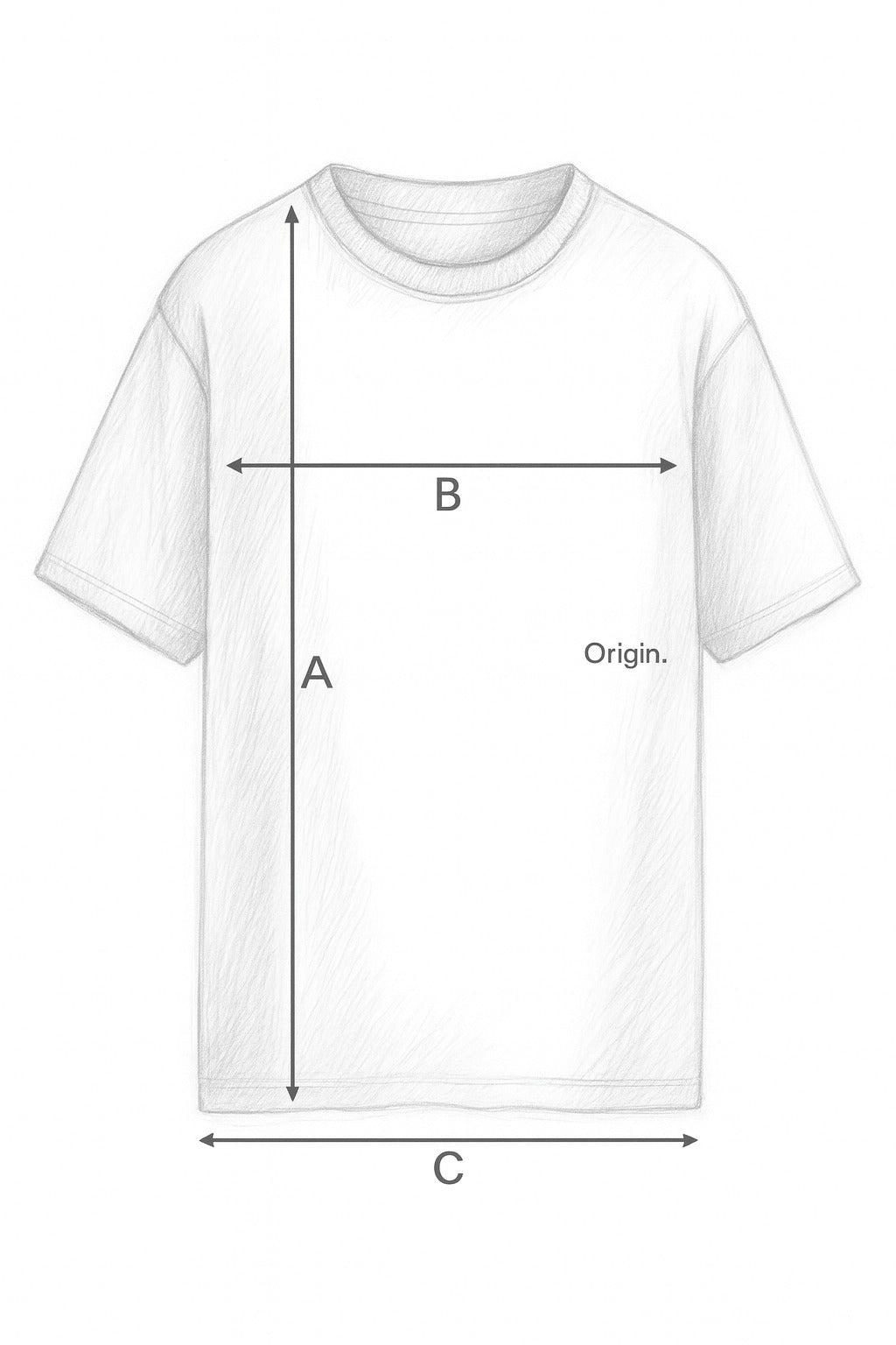 Organic cotton t-shirt size guide by Origin. with measurements for length, chest and hem. 