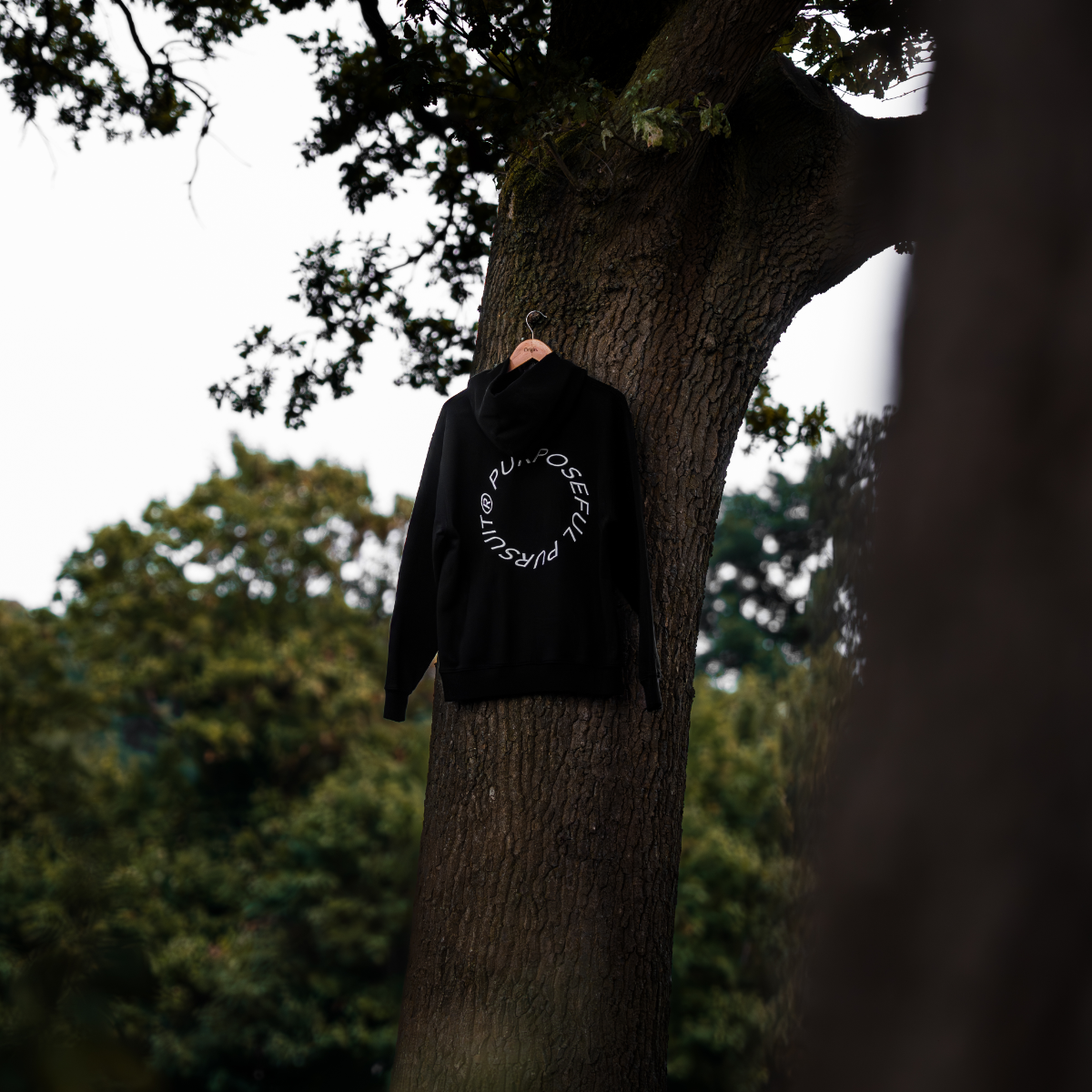 Prelude Hoodie Black Origin. organic cotton hooded sweater with back embroidery, hanging on wooden hanger against a tree.