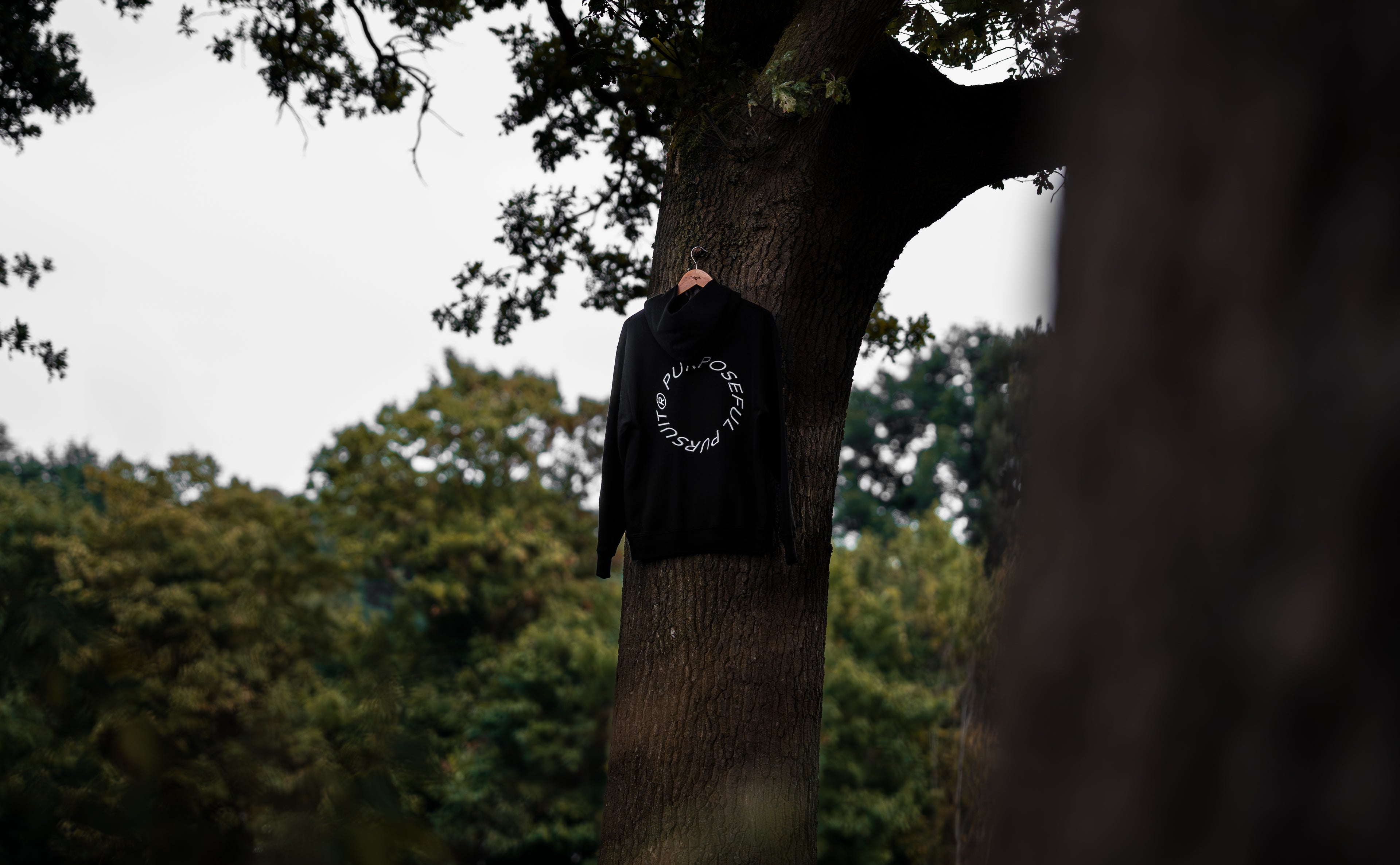 Prelude Hoodie Black Origin. organic cotton hooded sweater with back embroidery, hanging on wooden hanger against a tree.